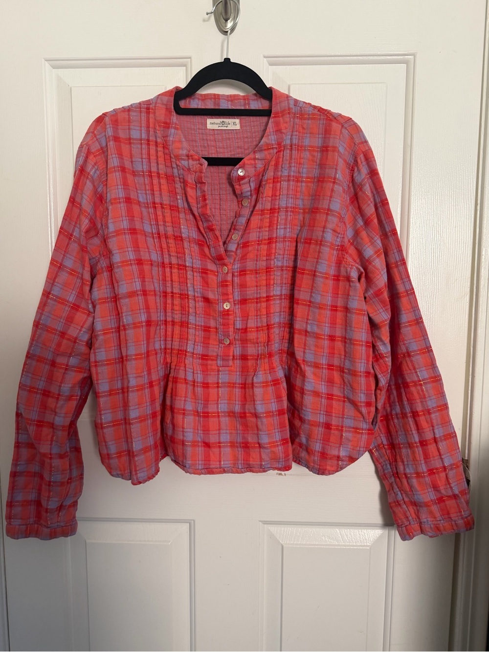 NATURAL LIFE Montana Coral Red and Lavender Plaid Button Shirt XL